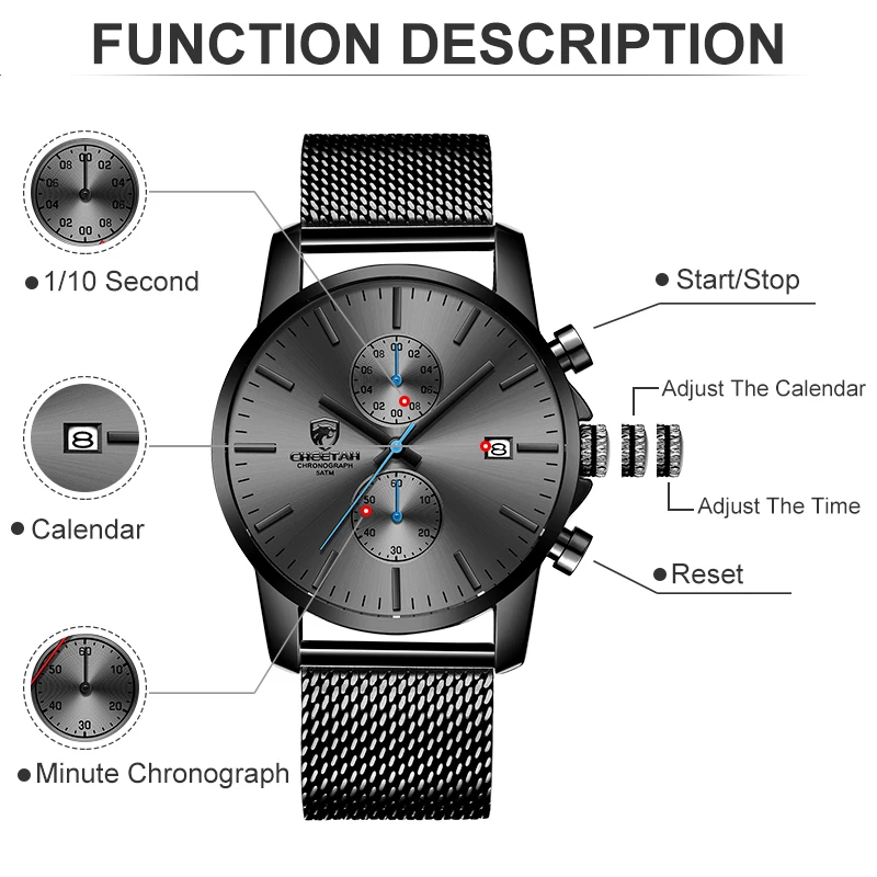 Men's Watch CHEETAH Luxury Brand Men Fashion Quartz Watches Full Steel Mesh Business Male Clock Chronograh Relogio Masculino