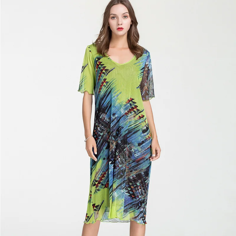 

New V-neck silk dress women's summer printing temperament loose double layer 100% mulberry short sleeve medium long skirt 9018