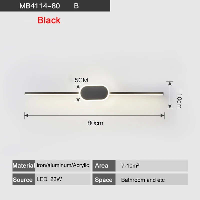 Светодиодные Настенные светильники для ванной комнаты, гостиной, белого и черного цвета, железная алюминиевая акриловая основа, внутреннее зеркальное освещение, освещение, светильник wandlamp - Цвет абажура: CY120B Black 80x5cm