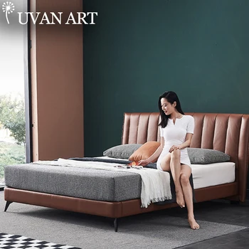 

High bed Italian minimalist light luxury bed leather bed double ins net red bed master bedroom 2 meters 2.2 meters bed