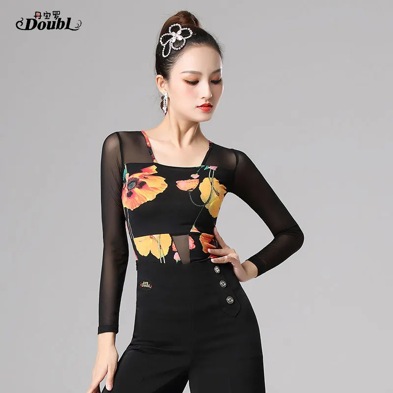 DOUBL Modern Dance Top Female Adult Latin Dance Sport New National Standard Dance Practice Dress Square Traning Salsa Printing