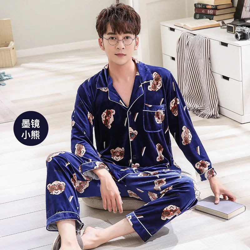 Autumn and Winter Newest Gold Velvet Pajamas Women's Couples Long-sleeved Suit Men and Women Cardigan Casual Home Clothes - Цвет: 9