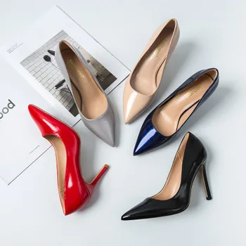 

Spring 2019 new patent-leather high-heeled shoes with pointed toes, women's thin heels and shallow mouth, black nude work shoes