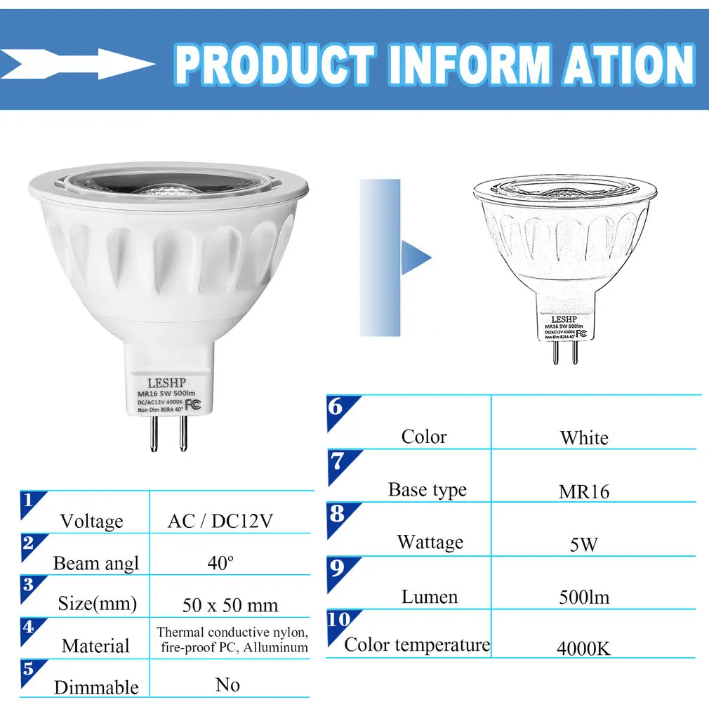 LESHP White MR16 AC/DC12V 5W LED Spotlight 4000K 500LM Non-Dimmable 40 Degree Beam Angle Compact Size Light Weight