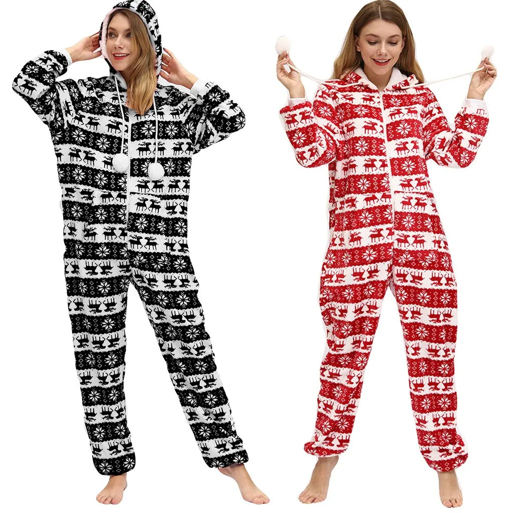 Christmas jumpsuit women Winter fashion Warm Flannel One Piece Hoodie Pajamas Printed Jumpsuit macacao feminino#guahao