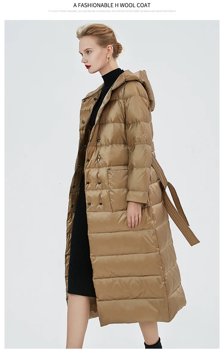 Длинный пуховик на утином пуху, женская зимняя верхняя одежда, пальто, толстые теплые парки с капюшоном, стеганое Женское пальто большого размера с поясом