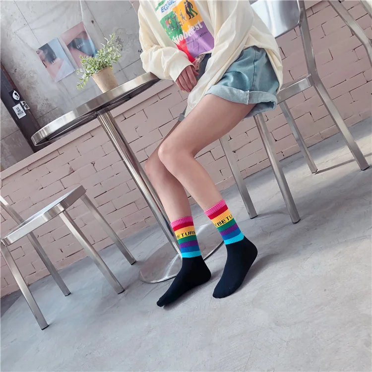 Осенние и зимние новые носки Luokou с радугой, баскетбольные Носки, брендовые уличные носки Оуэна, женские спортивные носки средней длины