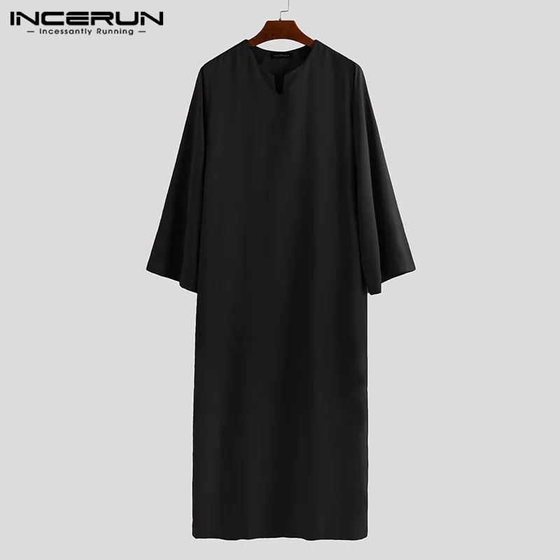 INCERUN, осень, мусульманская Мужская рубашка, кафтан, длинный рукав, v-образный вырез, солидные, свободные, халаты, Мужская одежда, кафтан,, большие размеры, топы, футболки