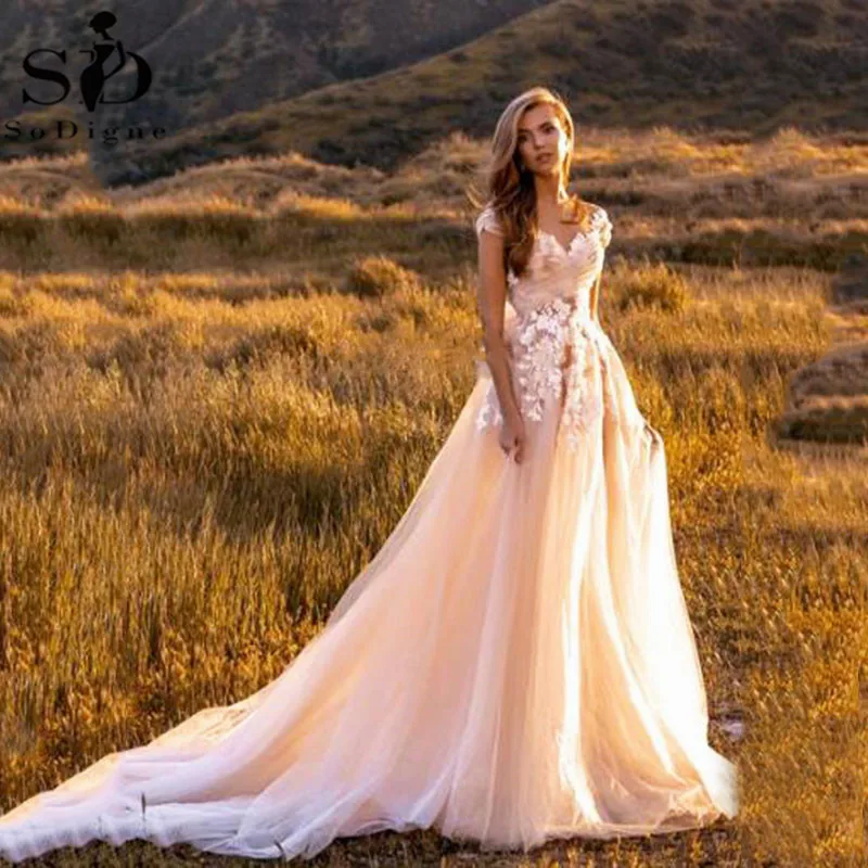 

Scoop Modest Short Sleeves Lace Appliques Tulle Wedding Dresses With Open Back Custom Made Bridal Gowns Formal Long Spring