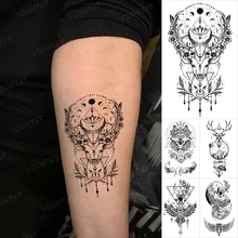 Waterproof Temporary Tattoo Sticker Reindeer Lotus Linear Geometry Small Black Tatoo Wrist Hand Men Women Glitter Tattoos Kids