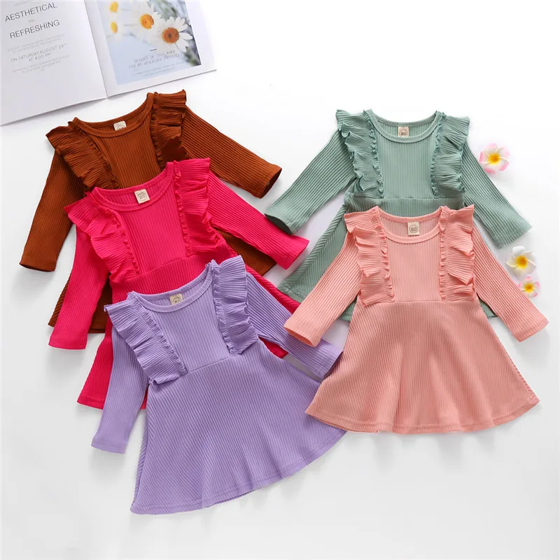 2020 Autumn Fashion Toddler Kid Girls Lovely Cotton Knit Dress Ruffles Long Sleeve Solid Knee Length A-Line | Детская одежда и