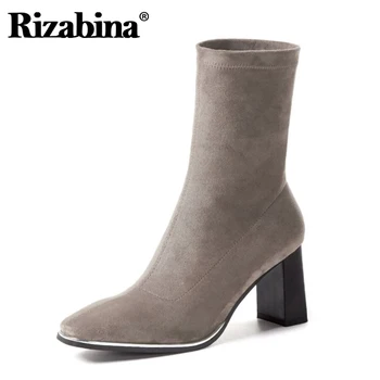 

Rizabina New Fashion Ankle Boots Thick High Heel Square Toe Flock Slip On Shoes Outdoor Solid Color Ladies Footwear Size 34-39