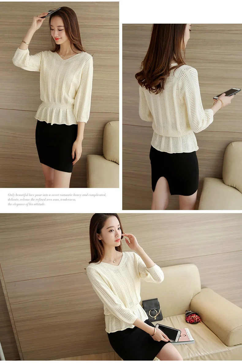 autumn new hollow V-neck sweater women's Korean casual fashion sweater nine-point sleeve thin loose waist bottoming shirt