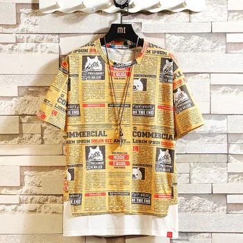 

ZHIJING Summer Letter Print T-shirt Men Trend Casual Versatile Hip Hop Short-sleeve Top Popular Brand Mock Two-Piece Men Tshirt