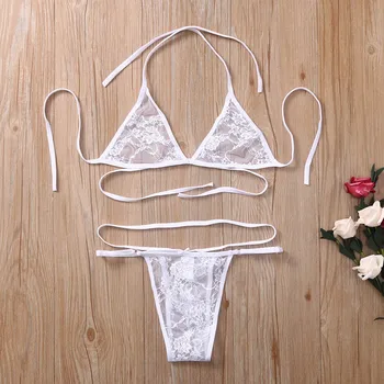 

Sexy Lace Mesh Perspective Solid bikini Set Swimwear Women Beachwear Swimsuit Bikini Set 2020 Summer Beachwear Bathing Suit