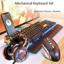 Gaming Mechanical Keyboard and Gamer Mouse  With PC Gaming Headset,Multicolor LED Backlit USB Wired with Blue Switch,Hand Rest