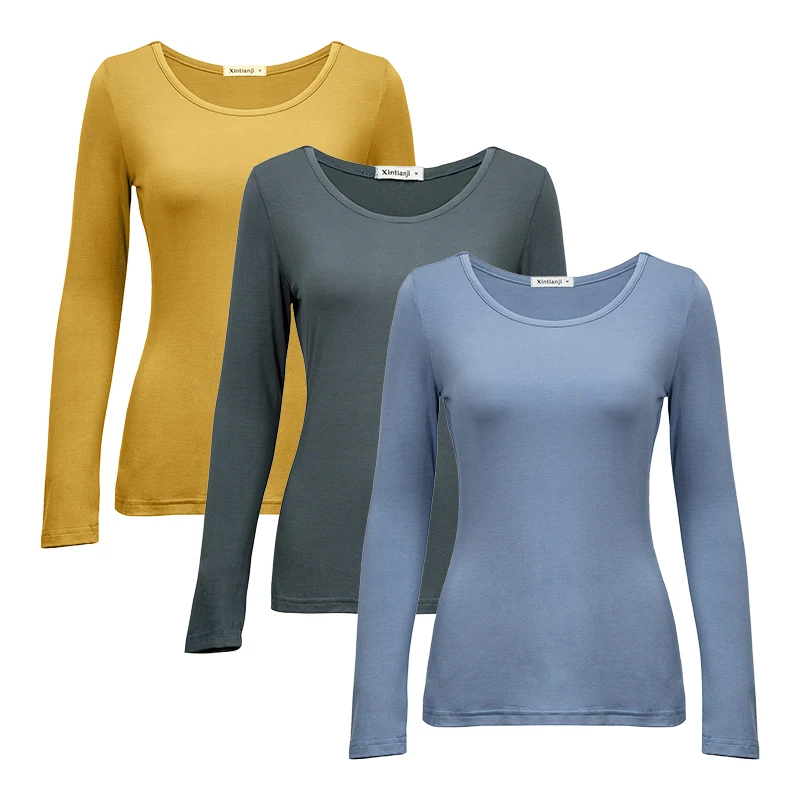 3 pcs 2 шт./3 шт. в упаковке, вискоза, спандекс, джемпер, женская блузка с длинным рукавом, эластичная Удобная майка A0305 - Цвет: 3 pcs