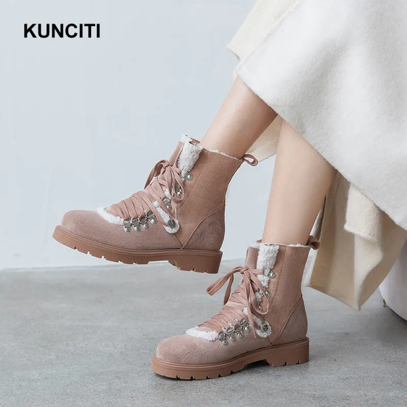 KUNCITI/ женские зимние ботинки на шнуровке с заклепками; цвет коричневый, черный; Botas Mujer; высокое качество; большие размеры 34-42; D9234