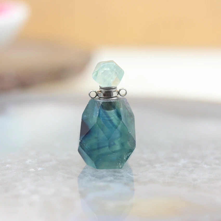 Rainbow Fluorite Подвески в виде бутылки духов с натуральным кристаллом кварца, ограненные аметисты, флюорит, камень, эфирное масло, диффузор, флакон, ожерелье, очаровательные ювелирные изделия - Окраска металла: Rainbow Fluorite