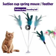 Jouet élastique pour animal de compagnie, 1 pièce, avec cloche, couleur printemps, souris et plume, ventouse, produit, accessoires de décoration pour chat
