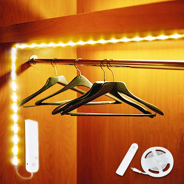 Luz LED nocturna inalámbrica con Sensor de movimiento, lámpara de tira con  USB de 5V para iluminación de fondo de armario, cama, armario y escaleras,  1M, 2M, 3M