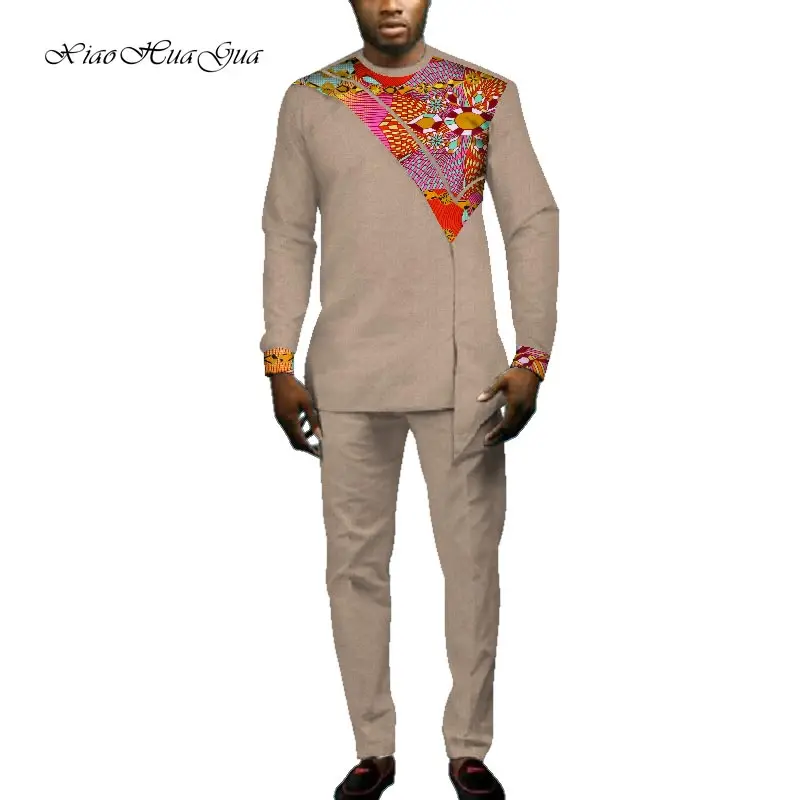 Повседневные Вечерние мужские африканская одежда Дашики рубашка с длинными рукавами и брюки для девочек комплект принт мотобрюки лоскутное хлопок WYN693