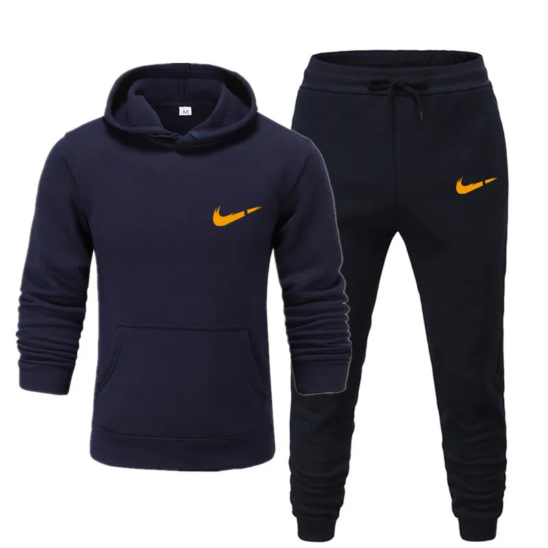 navy blue Фирменный мужской термо спортивный костюм для бега, мужские спортивные комплекты, флисовая Толстая Толстовка с капюшоном+ штаны для бега, мужской костюм с капюшоном - Цвет: navy blue