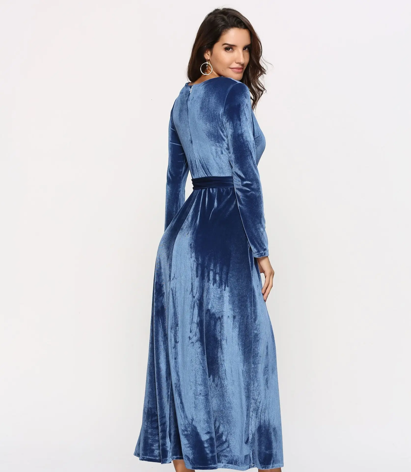 BacklakeGirls синее вечернее платье длинное однотонное с круглым вырезом и высокой талией осенне-зимнее женское платье с поясом Bestidos De Fiesta