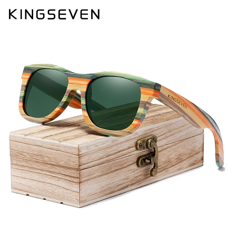 KINGSEVEN, поляризационные, полная оправа, бамбуковые солнцезащитные очки, мужские, деревянные, солнцезащитные очки, Wo, мужские очки, брендовые,, Oculos de sol Masculino - Цвет линз: Green G15