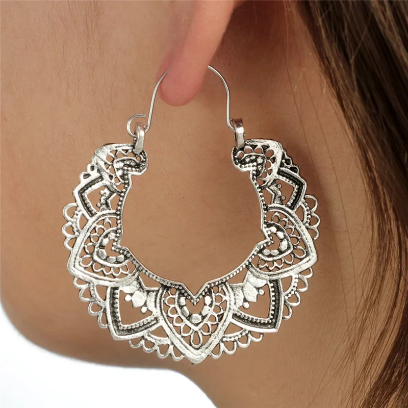 Vintage Antique Silver Hollow Carving Drop Earrings For Women Ethnic Alloy Piercing Dangle Jewelry Pendant Oorbellen | Украшения и