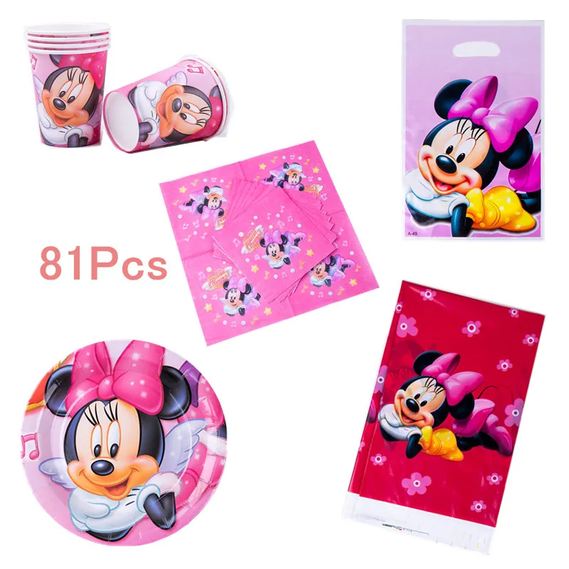 81Pcs Children Cartoon Minnie Mouse Theme Birthday Party Decoration Disposable Tableware Party Supplies For Kids 20 People Use