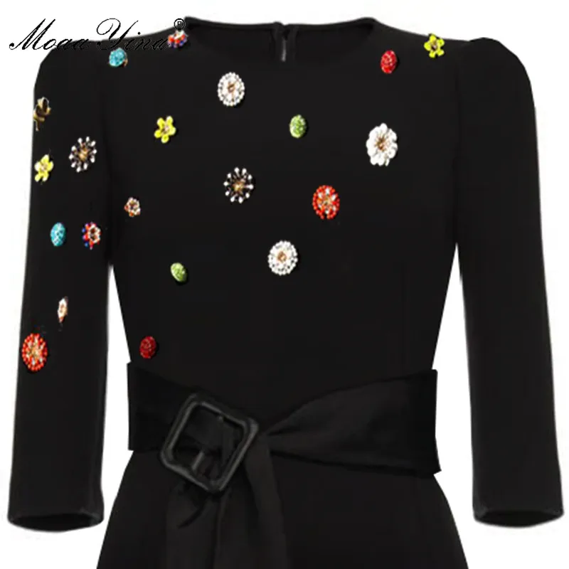 MoaaYina Fashion Designer dress Spring Autumn Women's Dress Beading Button Lace-up Black Elegant Dresses