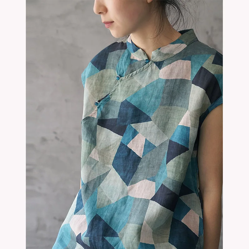 

2019 Women Summer Dress Vintage Geometric Print Stand Collar Sleeveless Ramie Dress Chinese Improved Cheongsam