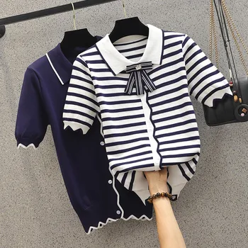 

COIGARSAM 5XL Plus Size Fashion Knitting Shirt Womens tops Summer Turn-down Collar Women shirts Dark Blue Stripe 95419542
