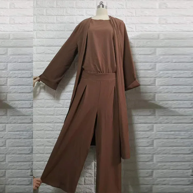 Brown set Комплект из трех предметов, абайя, арабский халат, Дубайский кафтан, турецкое кимоно, топы, штаны, мусульманский хиджаб, платье, кафтан, ислам, одежда для женщин, джелла - Цвет: Brown set