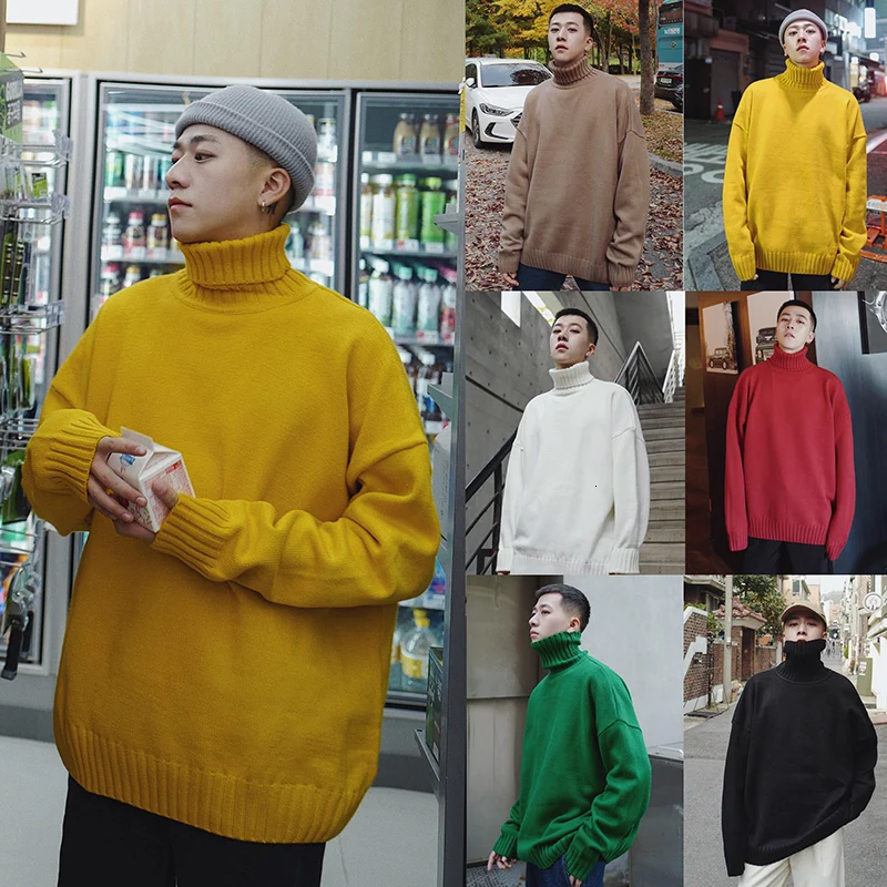 Winter Thick High Collar Sweater Men's Warm Fashion Solid Color Casual Knit Pullover Man Wild Loose Long Sleeve Pullover Men