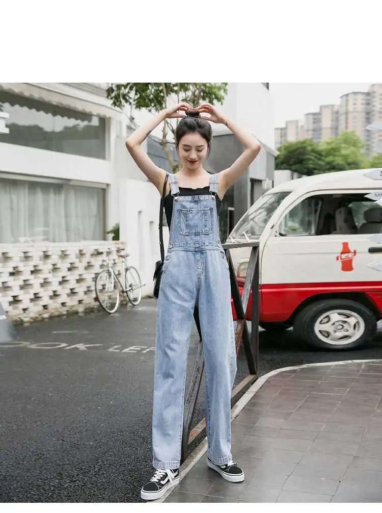 Женские брюки летние новые корейские свободные старение высокая талия широкие ноги джинсовые нагрудники Женские однотонные повседневные дикие длинные синие джинсы