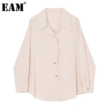 

[EAM] Women Beige Brief Irregular Big Size Blouse New Lapel Long Sleeve Loose Fit Shirt Fashion Tide Spring Autumn 2020 1Z143