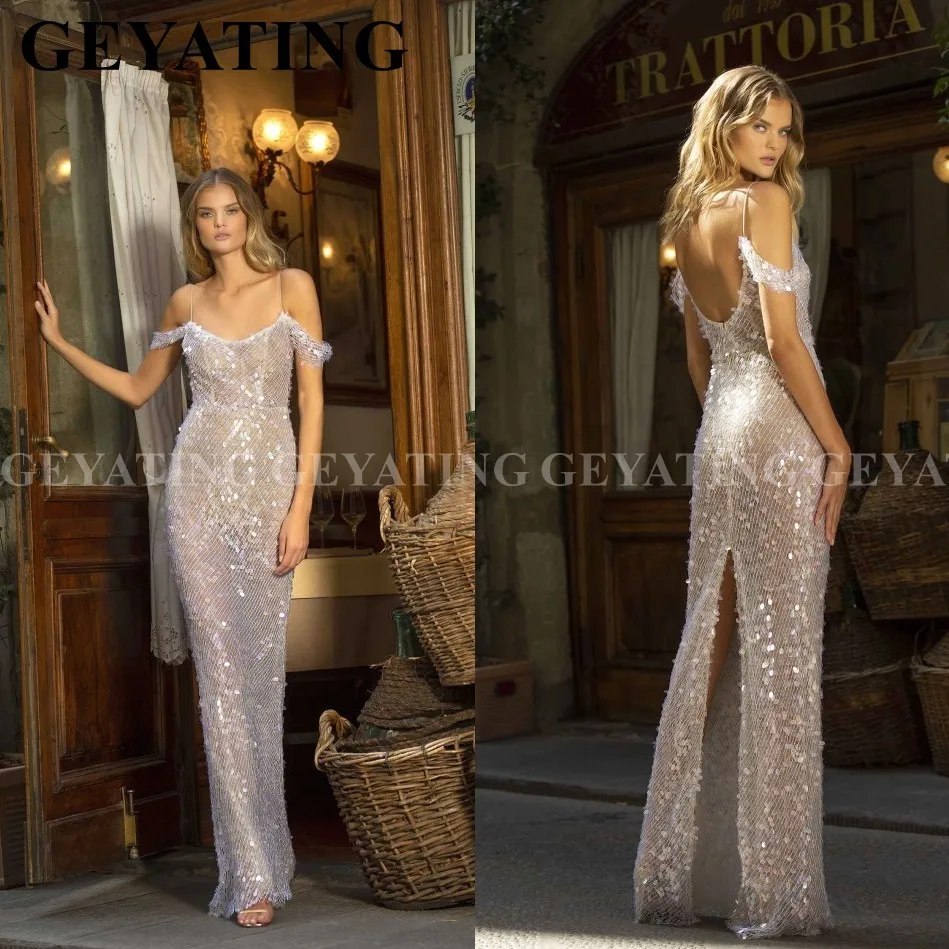 

Sparkly Silver Sequins Black Girls Prom Dresses 2k20 Elegant Off the Shoulder African Formal Dress Slit Long Evening Party Gowns