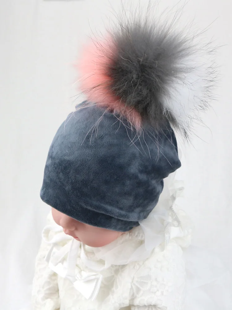 Sunlikeyou/теплая бархатная мягкая детская шапка, Детские шапочки, съемные разноцветные зимние шапки с помпоном из натурального меха енота для маленьких девочек