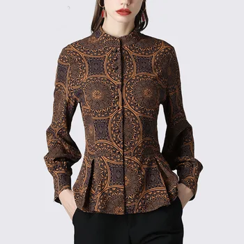

Vintage Printed Women' Shirt High Waist Slim Peplum Top Ladies Plus Size O-Neck Work Wear Casual Womens Bohemian Bottoming Shirt