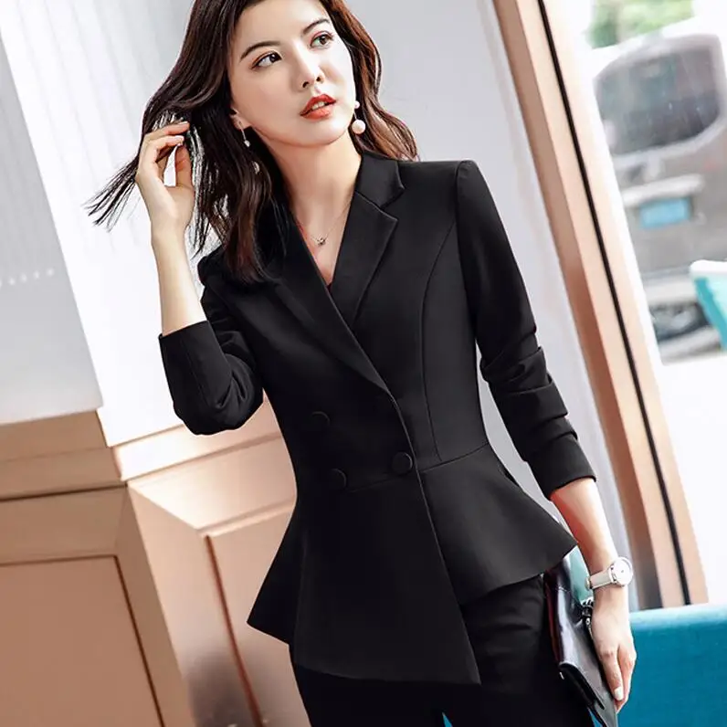 black-jacket Женский красный Блейзер, тонкий, весна, осень,, элегантный, офисный, для девушек, костюм для работы, Раффлед, двубортный Блейзер, сплошной цвет - Цвет: black-jacket