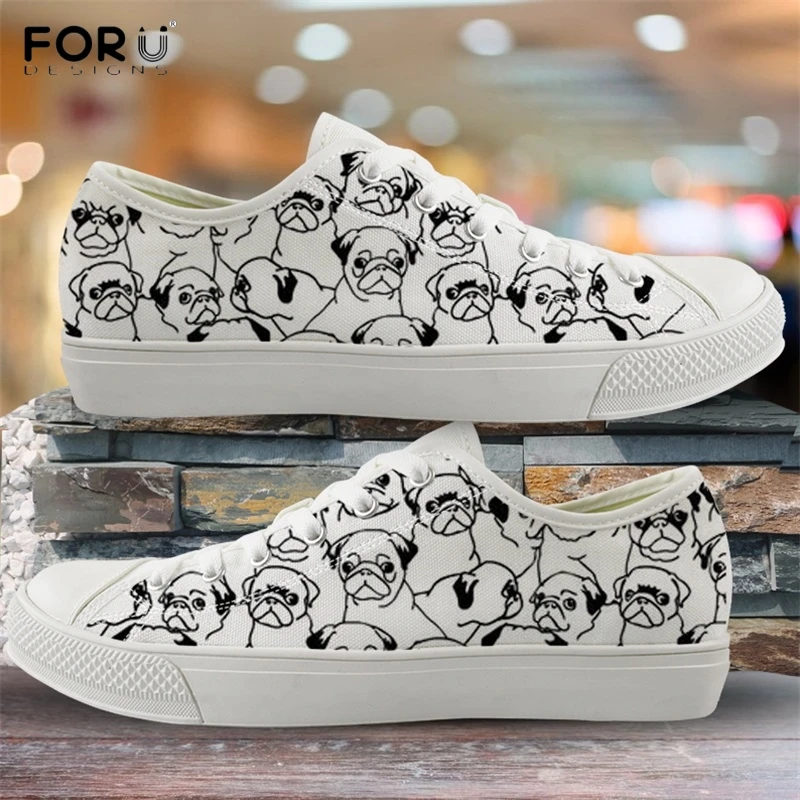 

FORUDESIGNS Cute Cartoon Pug Dog/Puppy Print Woman Low Top Canvas Shoes Breath Spring/Autumn Lace Up Sneakers Vulcanized Shoes