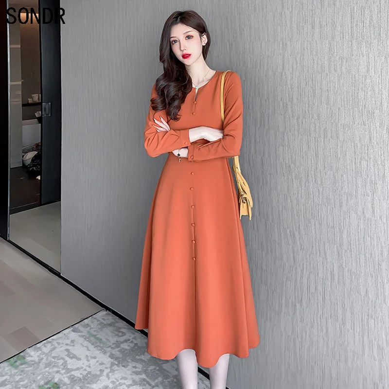 

Spring New Elegant Women Long Sleeve V-Neck High Waist Sundress Party Dress Dress With Elegant Style Waist And Knee-Length Dress