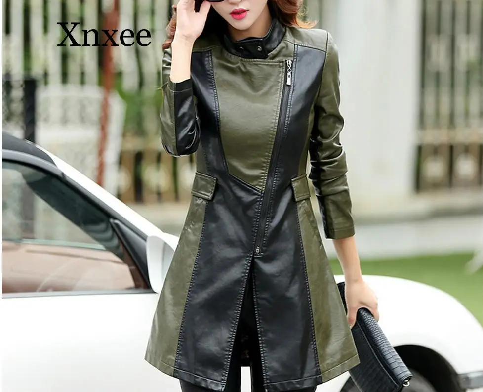 M-5XL кожаная куртка женская модная тонкая Лоскутная Длинная женская куртка высококачественная искусственная кожа мотоциклетная Осенняя зимняя верхняя одежда