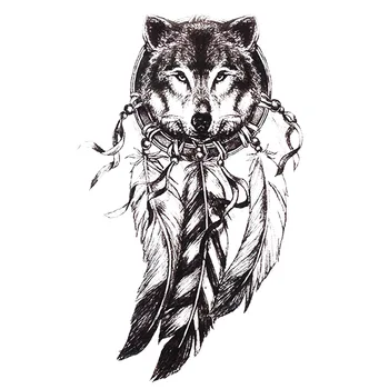 

1pc Sketch Black Tattoo Sticker Women Men 3D Body Art Wolf Dreamcatcher Indian Feather Flower Temporary Tattoo Stickers