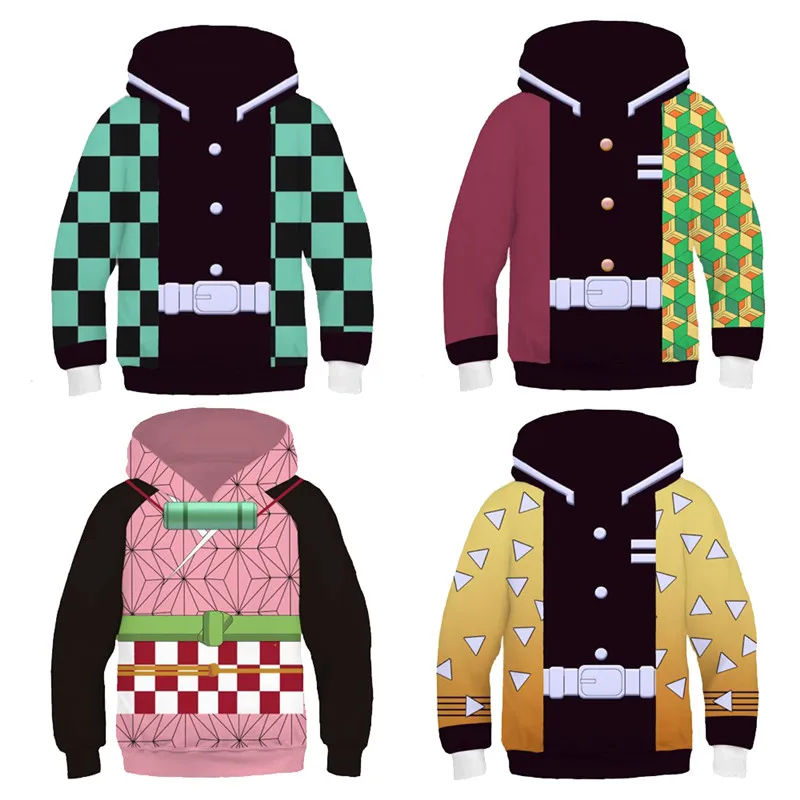 Kids Boy Girl Demon Slayer Kimetsu no Yaiba Tanjirou Nezuko Zenitsu Tomioka Cosplay Hoodie Costume Jacket Coat Halloween Party