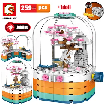 

SEMBO Creative LED Light Rotating Box Building Blocks Friends City Street View Cherry Blossom House Tree Bricks Toys for Kids