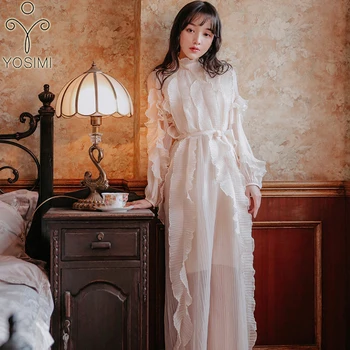 

YOSIMI 2020 Summer Evening Party Dress Maxi Voile Long Dress for Women Full Sleeve Ankle-length Beige Dresses Woman Party Night