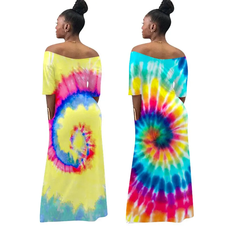 HAOYUAN Tie Dye сексуальное Макси платье женское осеннее с открытыми плечами длинное платье размера плюс свободное с коротким рукавом Бохо богемное пляжное платье